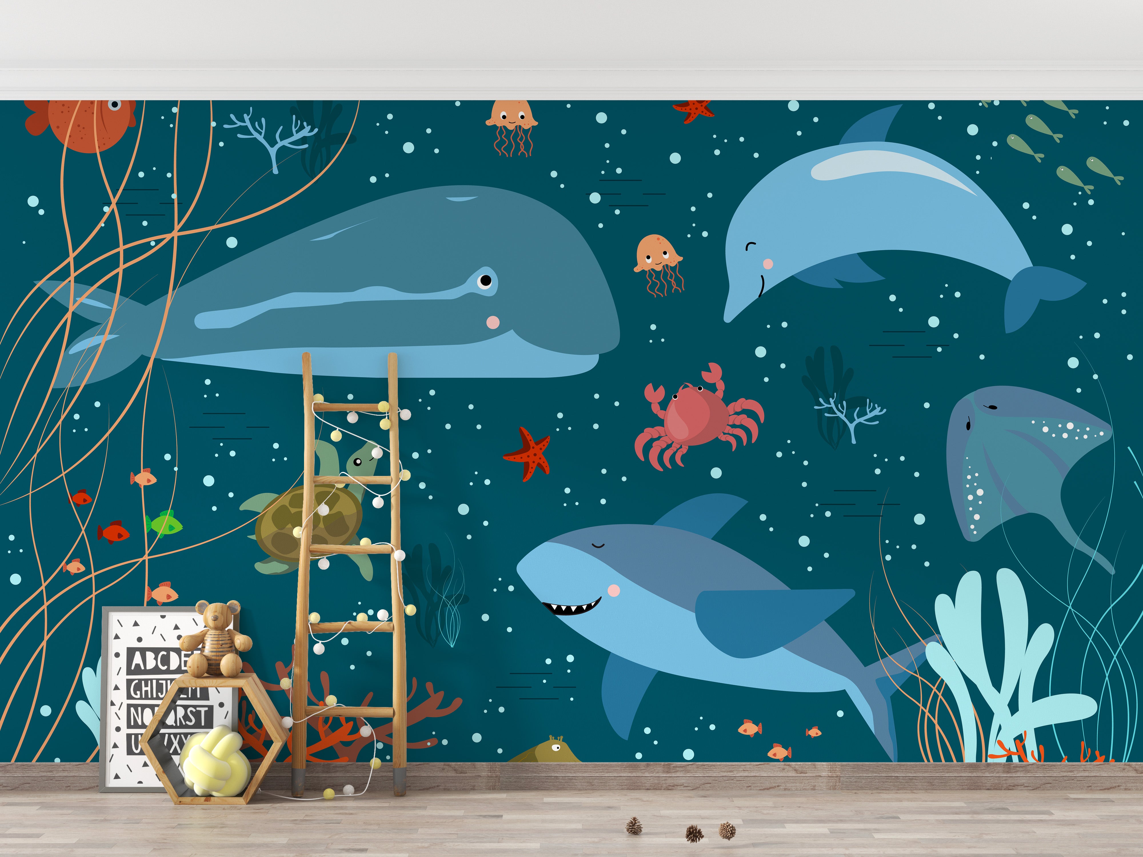 Marine life mural with whales and sea creatures