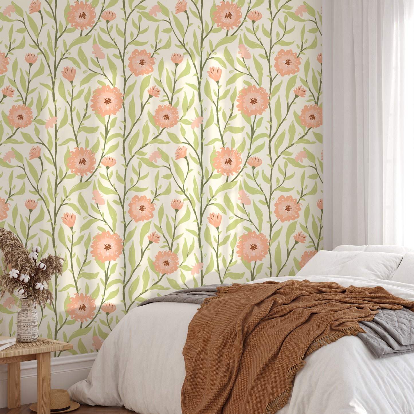 Whimsical spring trellis wallpaper in peach fuzz for playful decor.
