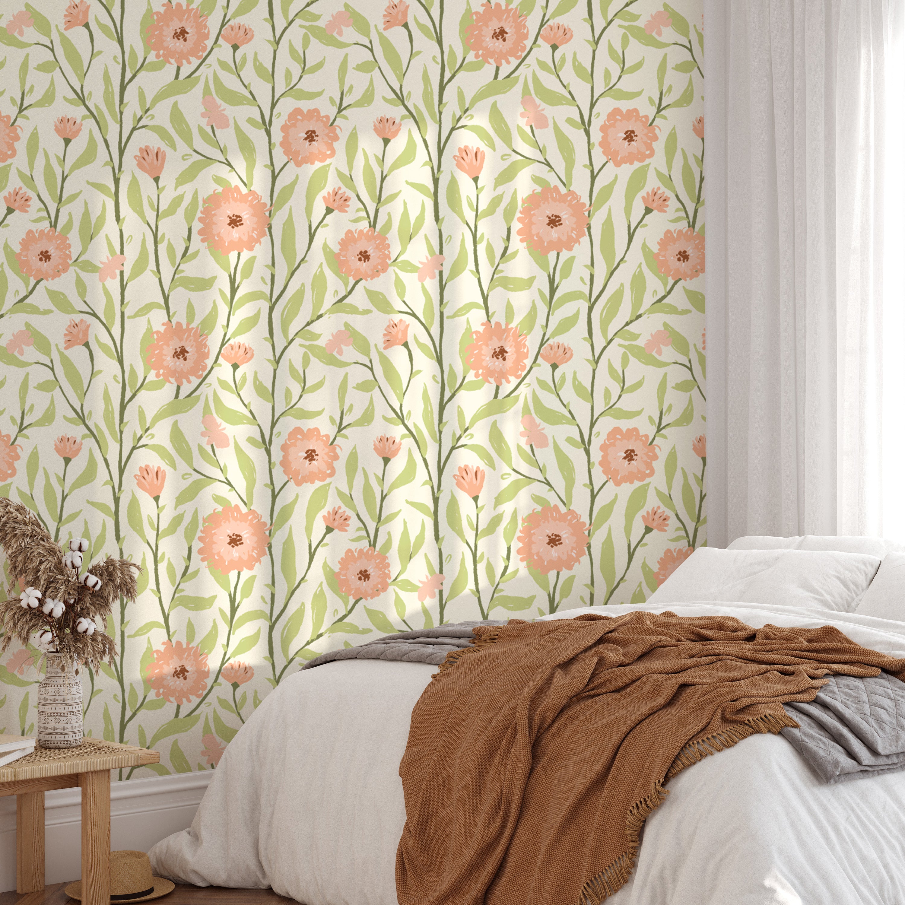 Whimsical spring trellis wallpaper in peach fuzz for playful decor.
