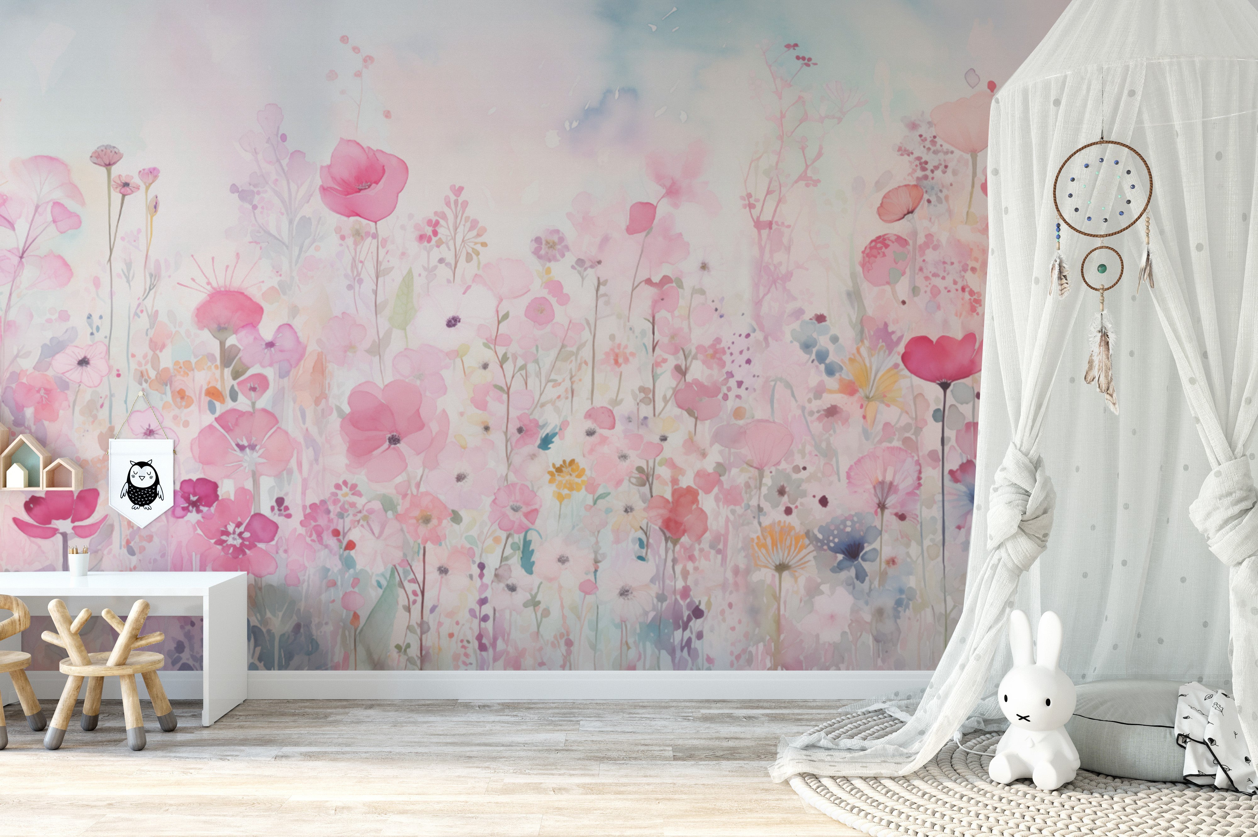 Watercolor happy flowers pink color wallpaper for a bright, happy atmosphere.
