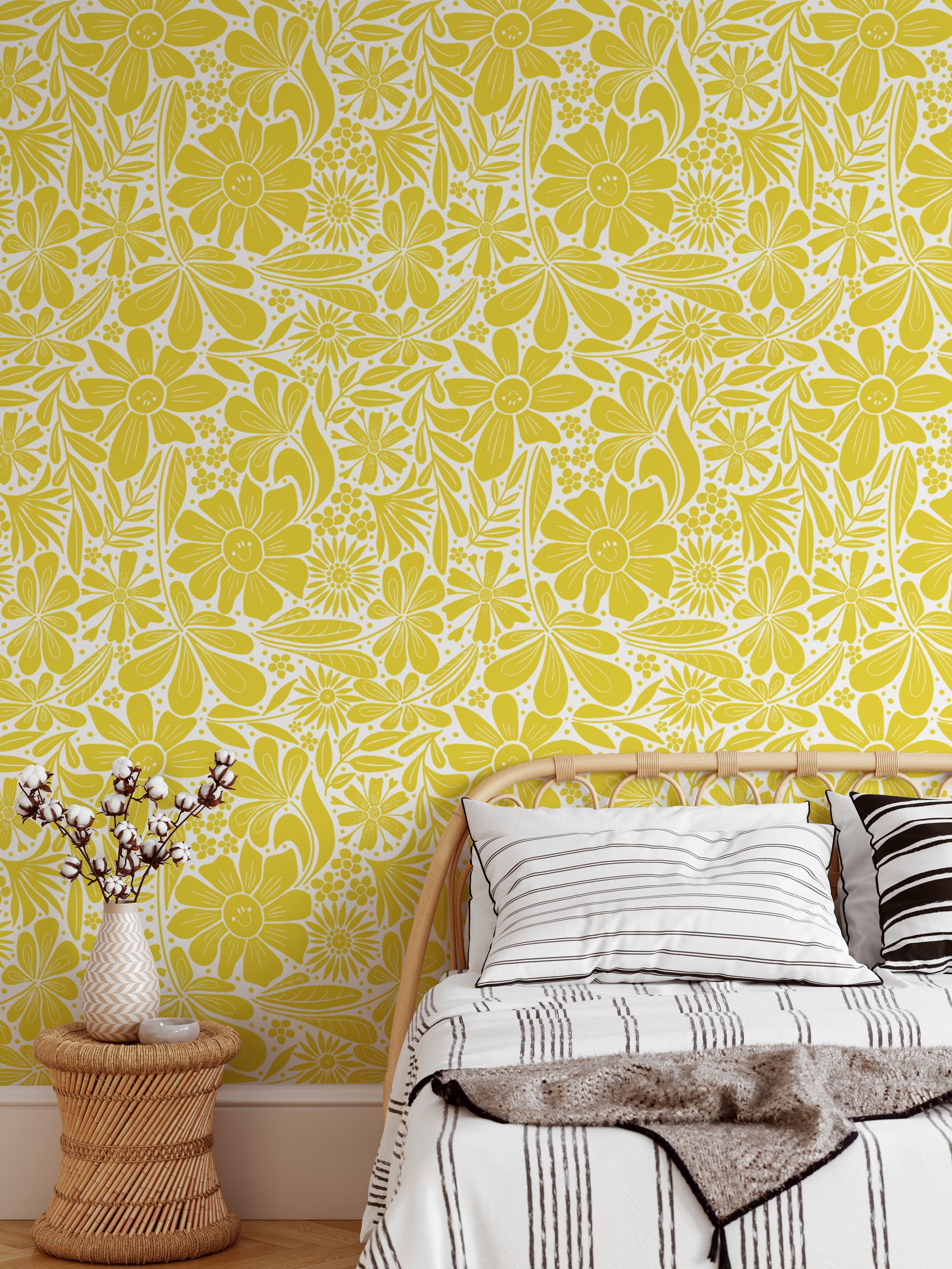 Decorative wallpaper with bold happy blooms in yellow hues.
