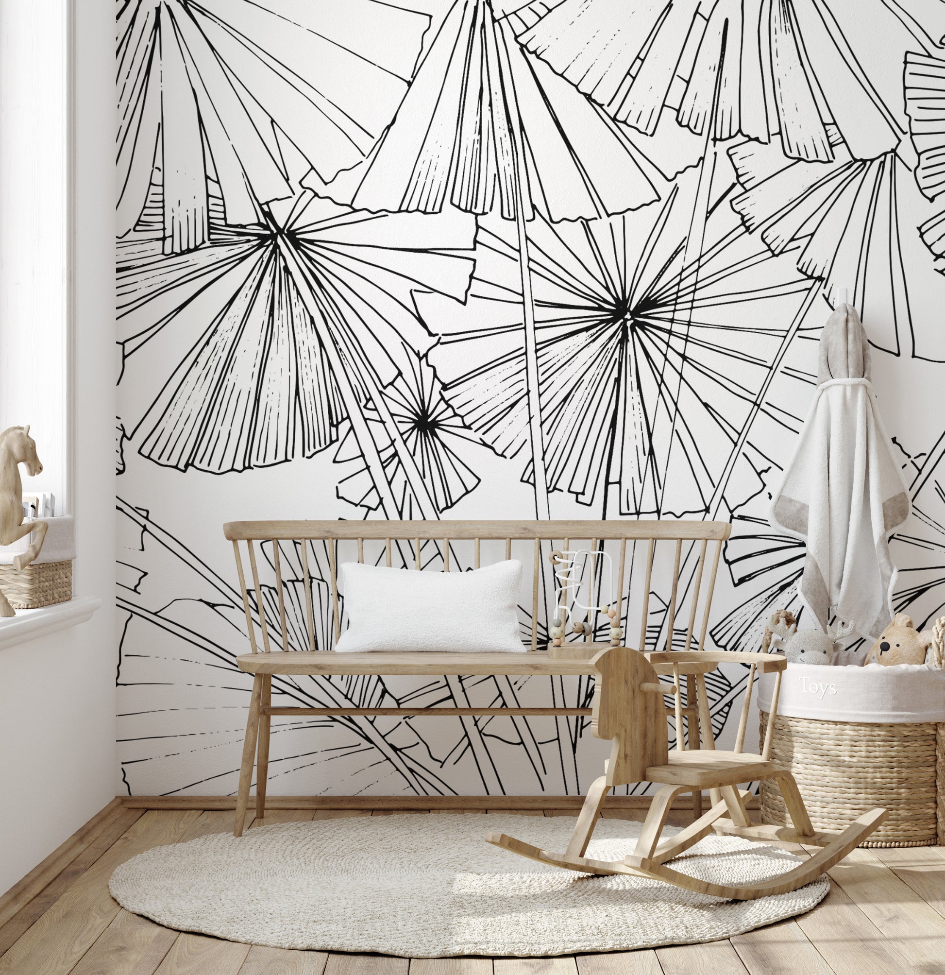 Artistic palm leaf line drawing wallpaper mural
