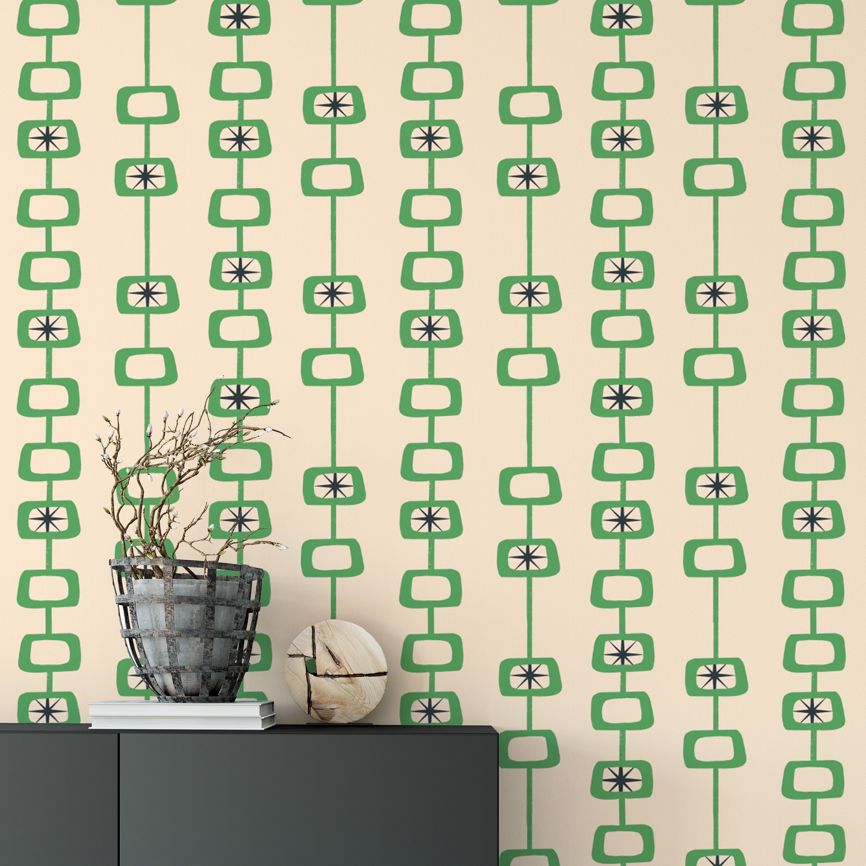 Elegant Green Linen Mid Century Atomic Orbs Wallpaper
