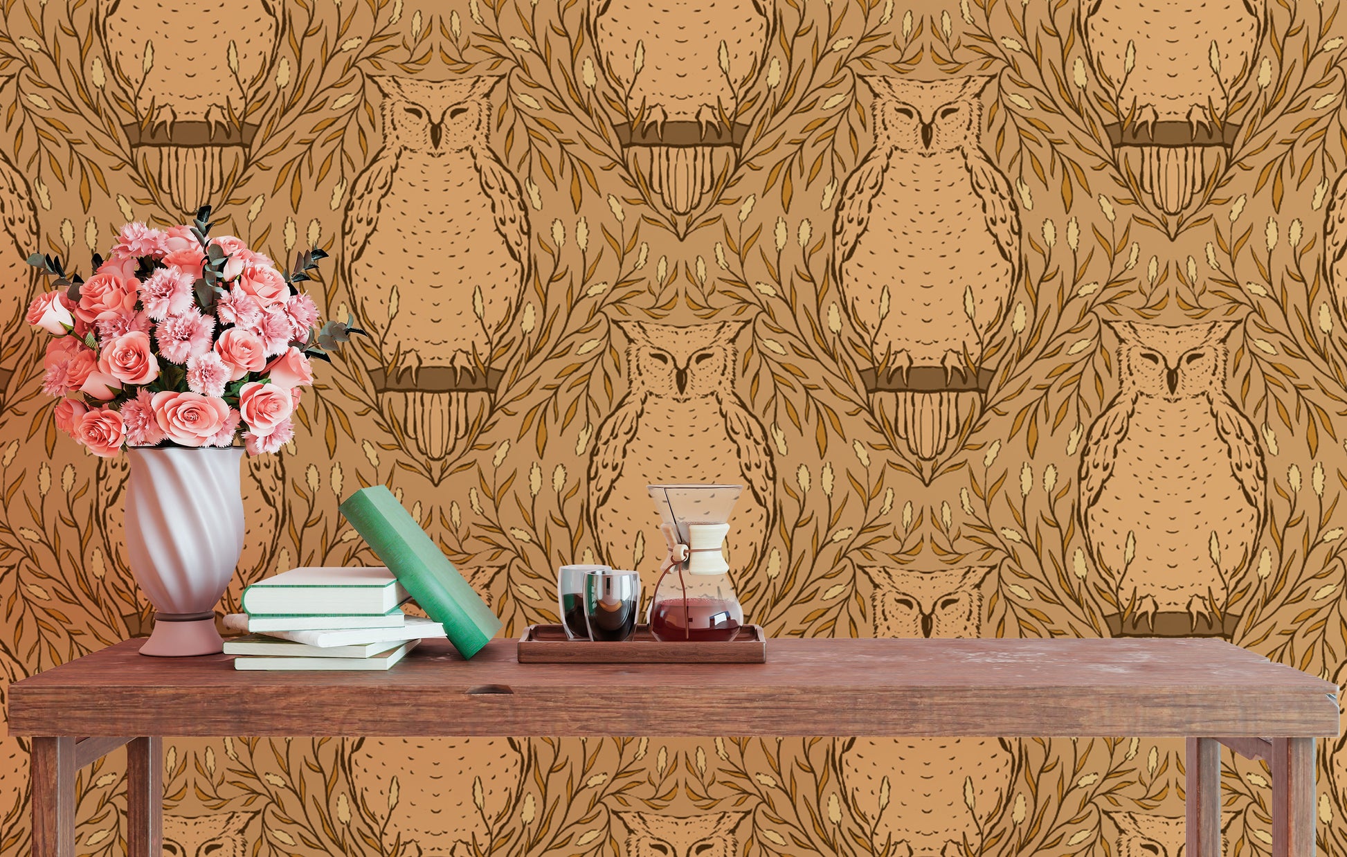 Vibrant harvest owl wallpaper for a lively, woodland-inspired look.
