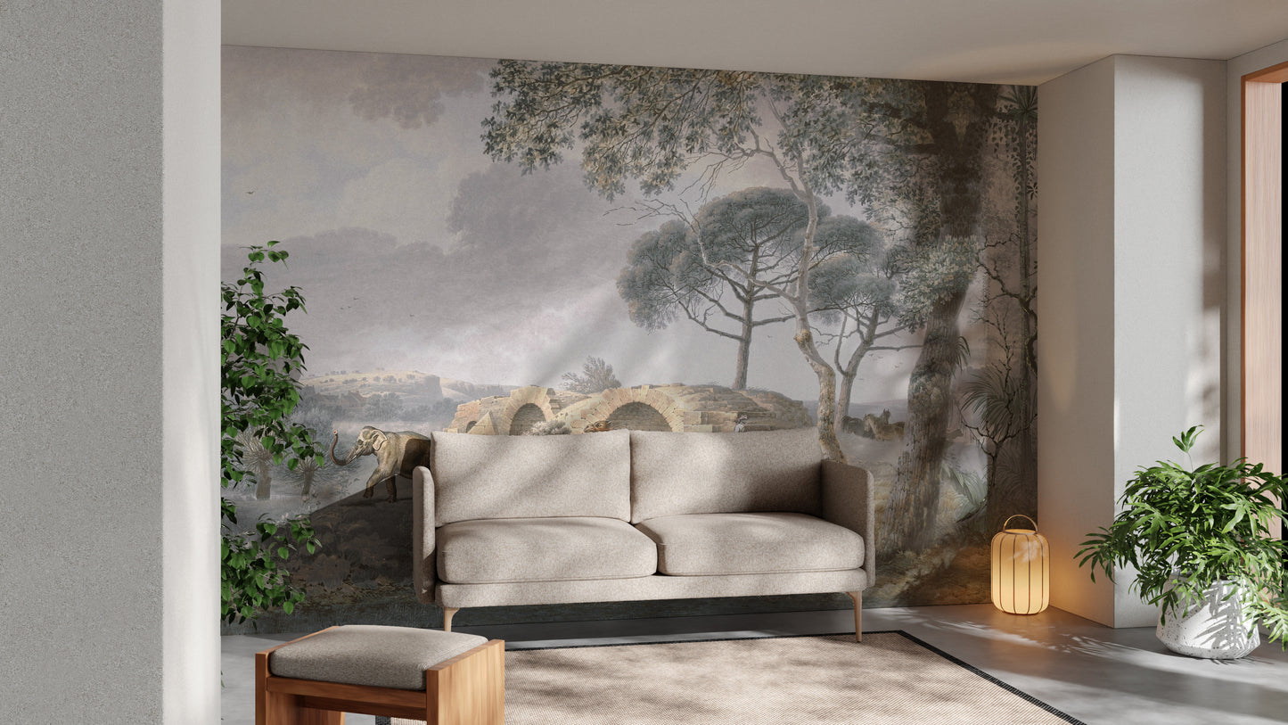 Birds and camels in a lush garden wallpaper mural for interiors.
