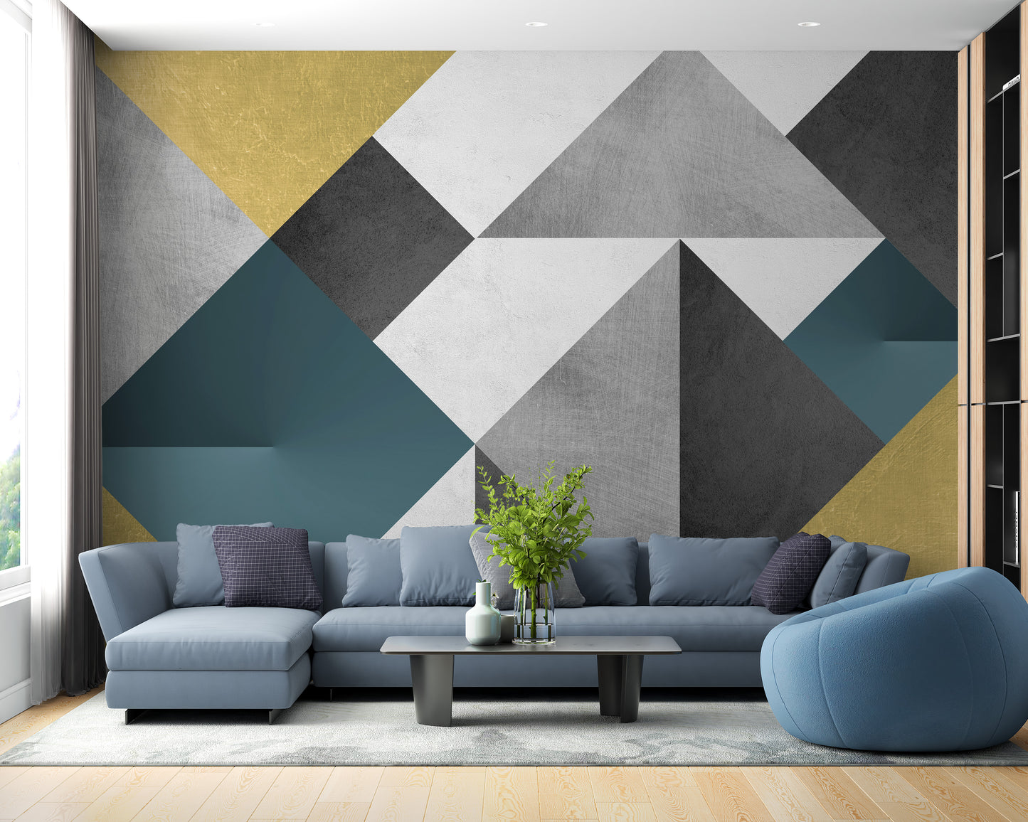 Blue & Yellow Abstract Geometric Multicolor Triangle Wallpaper Mural