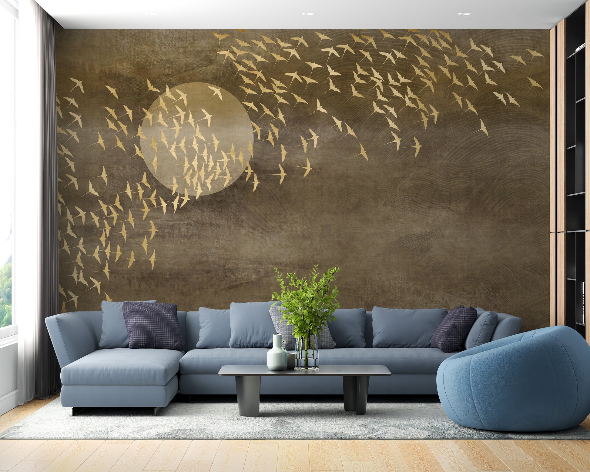 Golden Birds in Sky Temporary Wall Mural