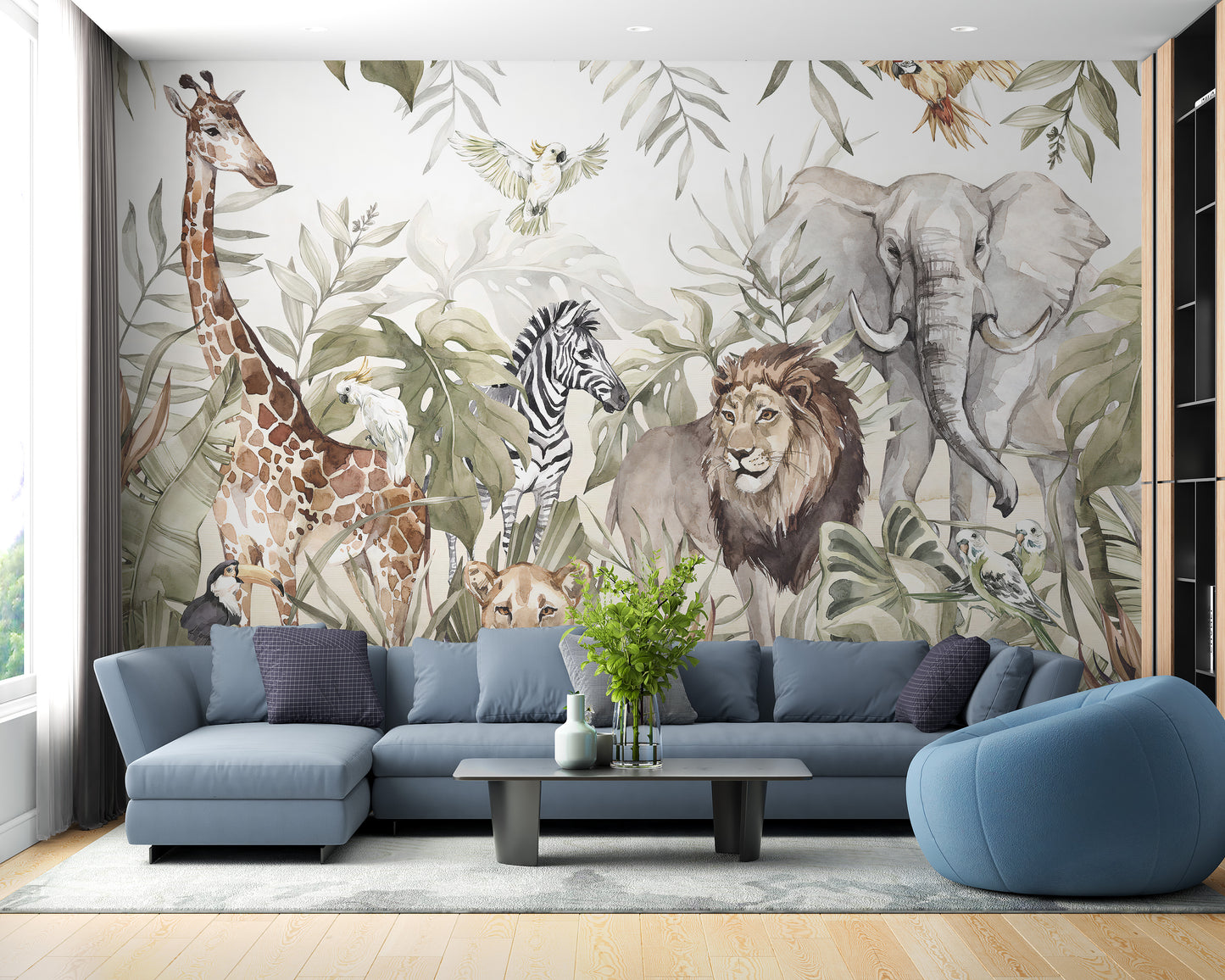 Watercolor Animal Kingdom Forest Wallpaper for Kids Room
