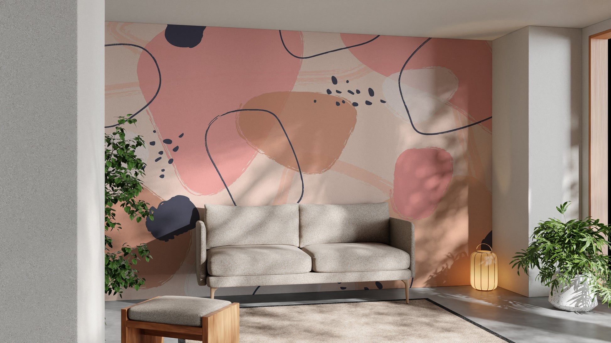 Vibrant abstract pastel art mural for a colorful interior vibe.
