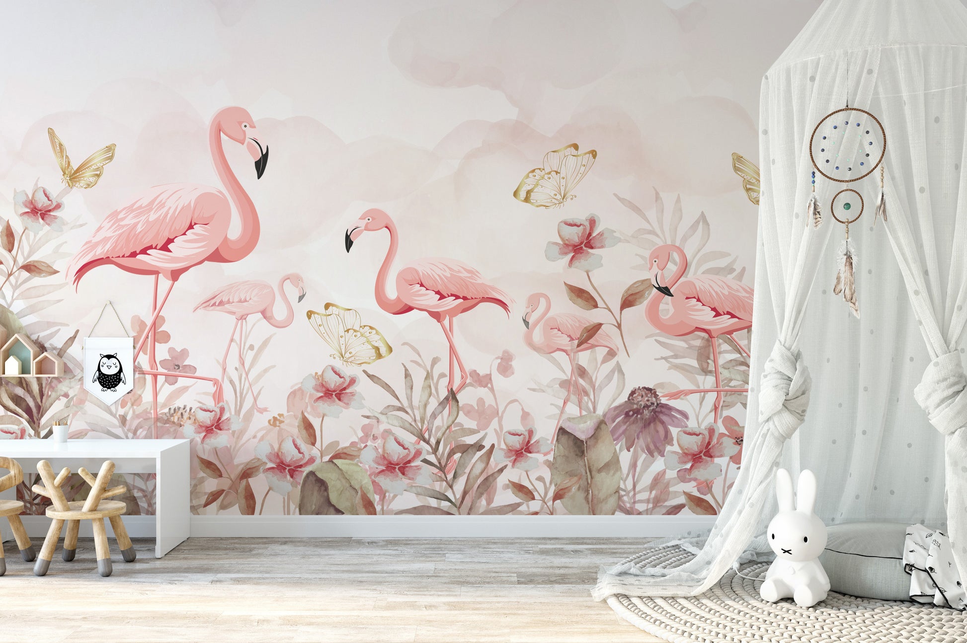 Exotic flamingo mural for a playful yet sophisticated atmosphere.
