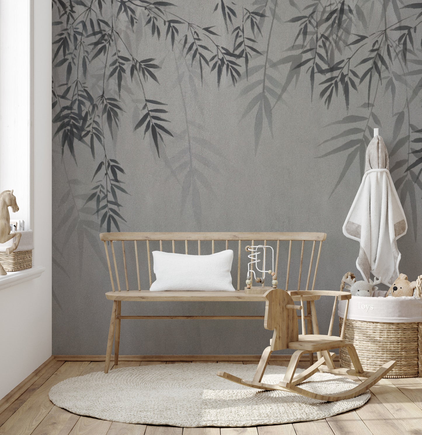 Subtle botanical sketch wallpaper in muted gray tones
