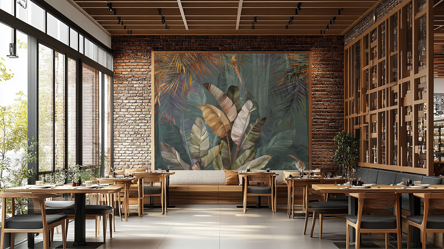 Bold big tropical leaves living room mural design