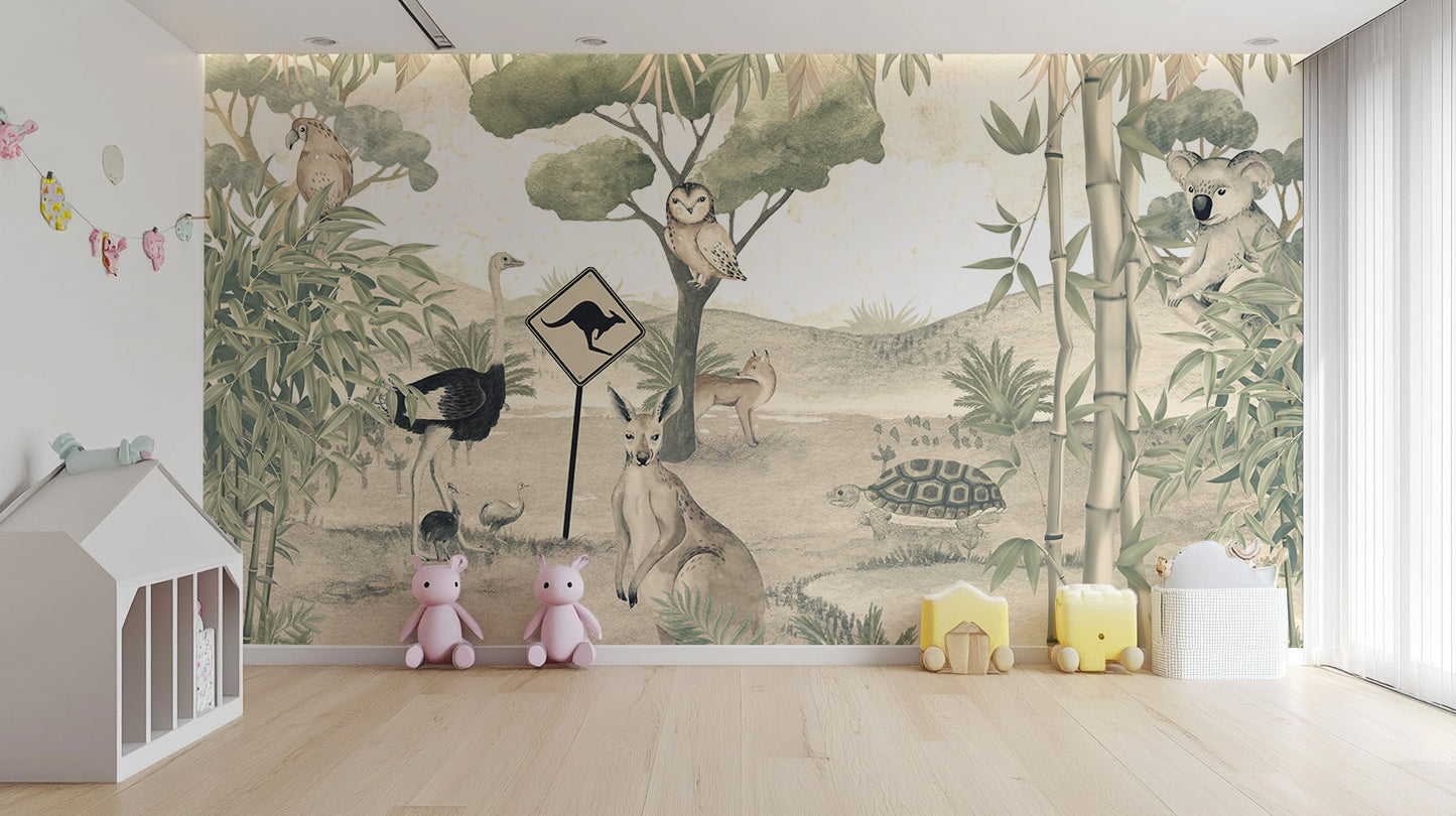 Kids’ room wallpaper with kangaroo sign
