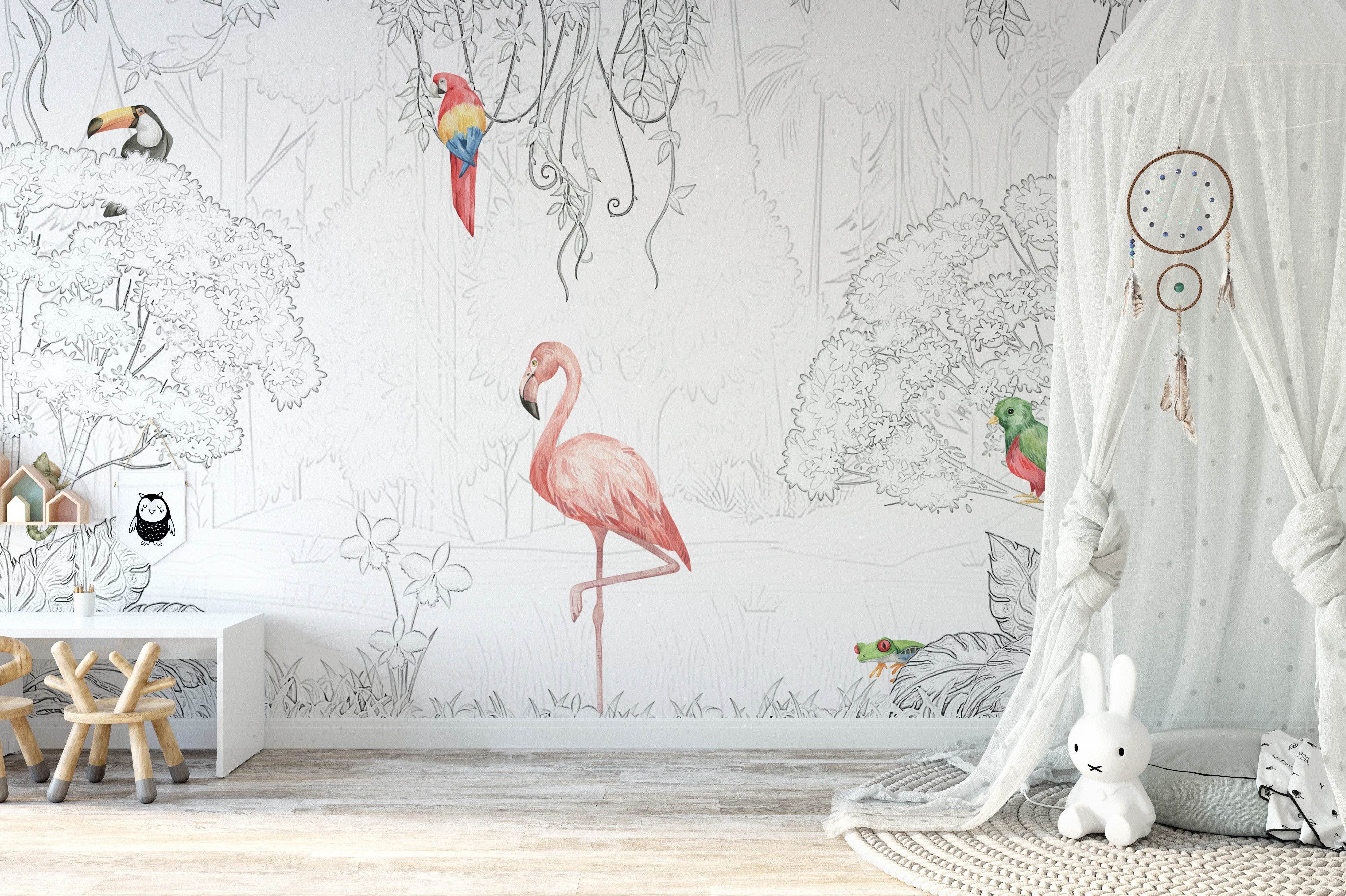 Hand-drawn tropical bird wallpaper for sophisticated decor