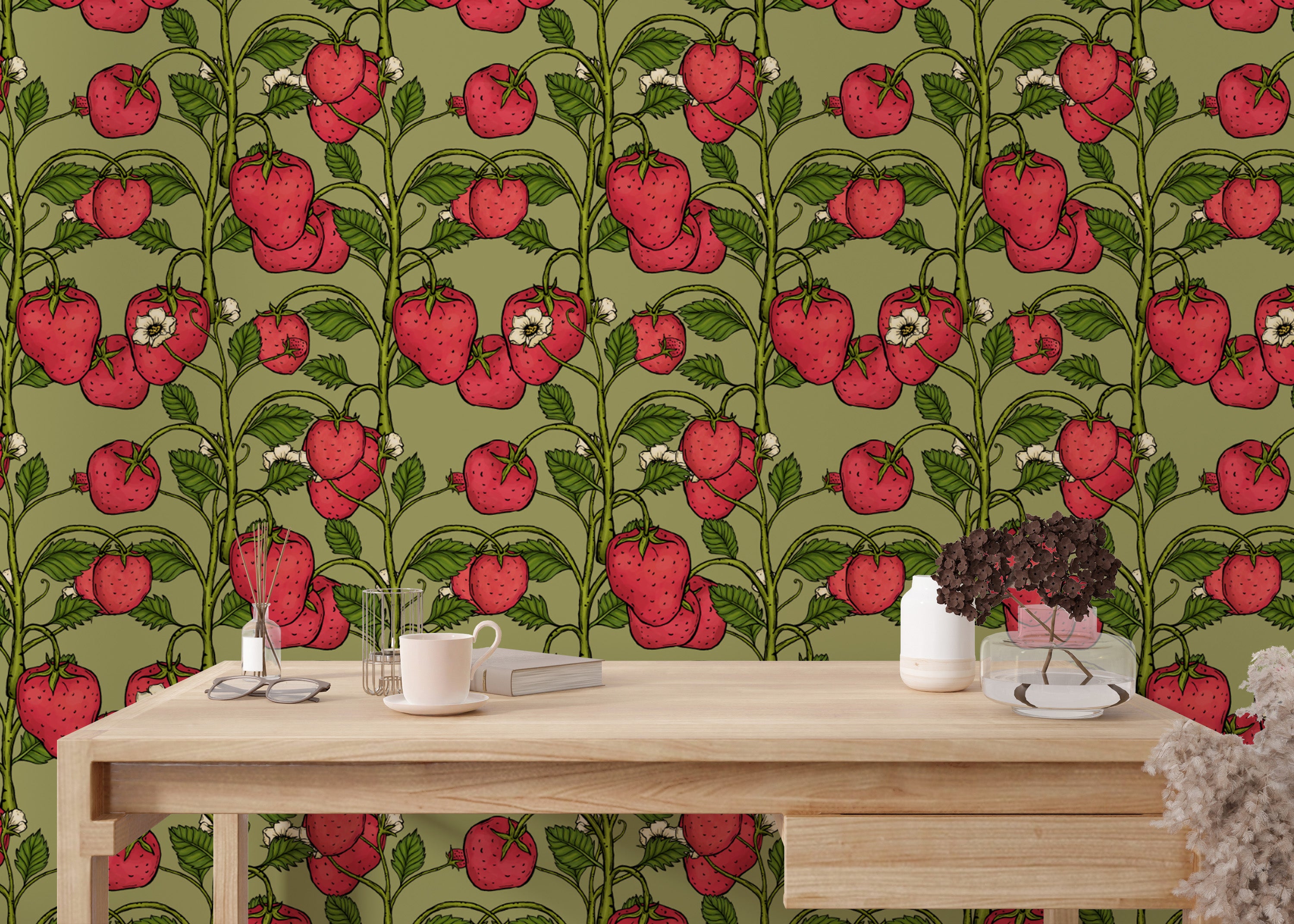 Chic strawberry trail wallpaper in pink and green for bedrooms.
