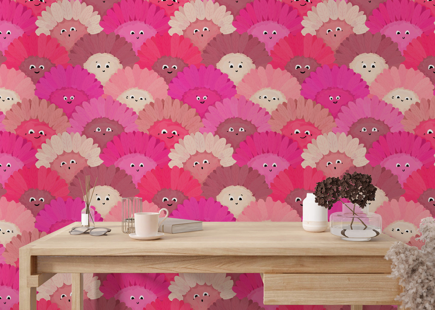 Cute pink flower faces mural wallpaper for a lively, happy vibe.
