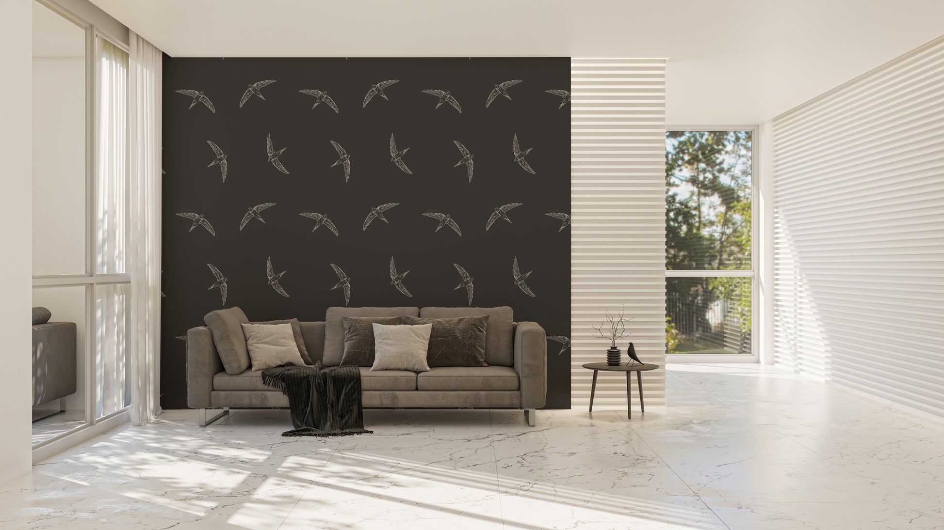 Bold flying birds on black background mural