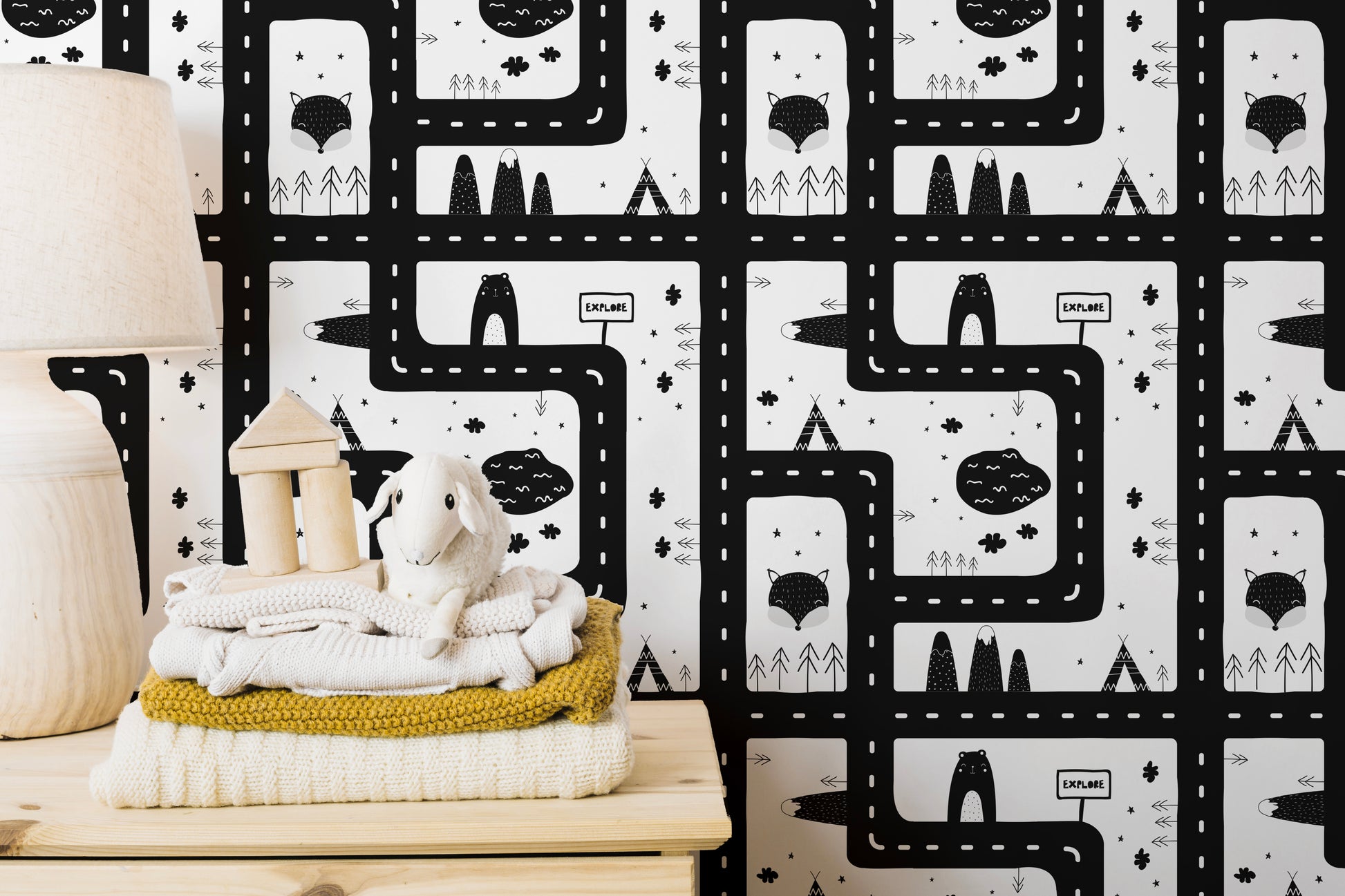 Modern black and white urban wallpaper mural.