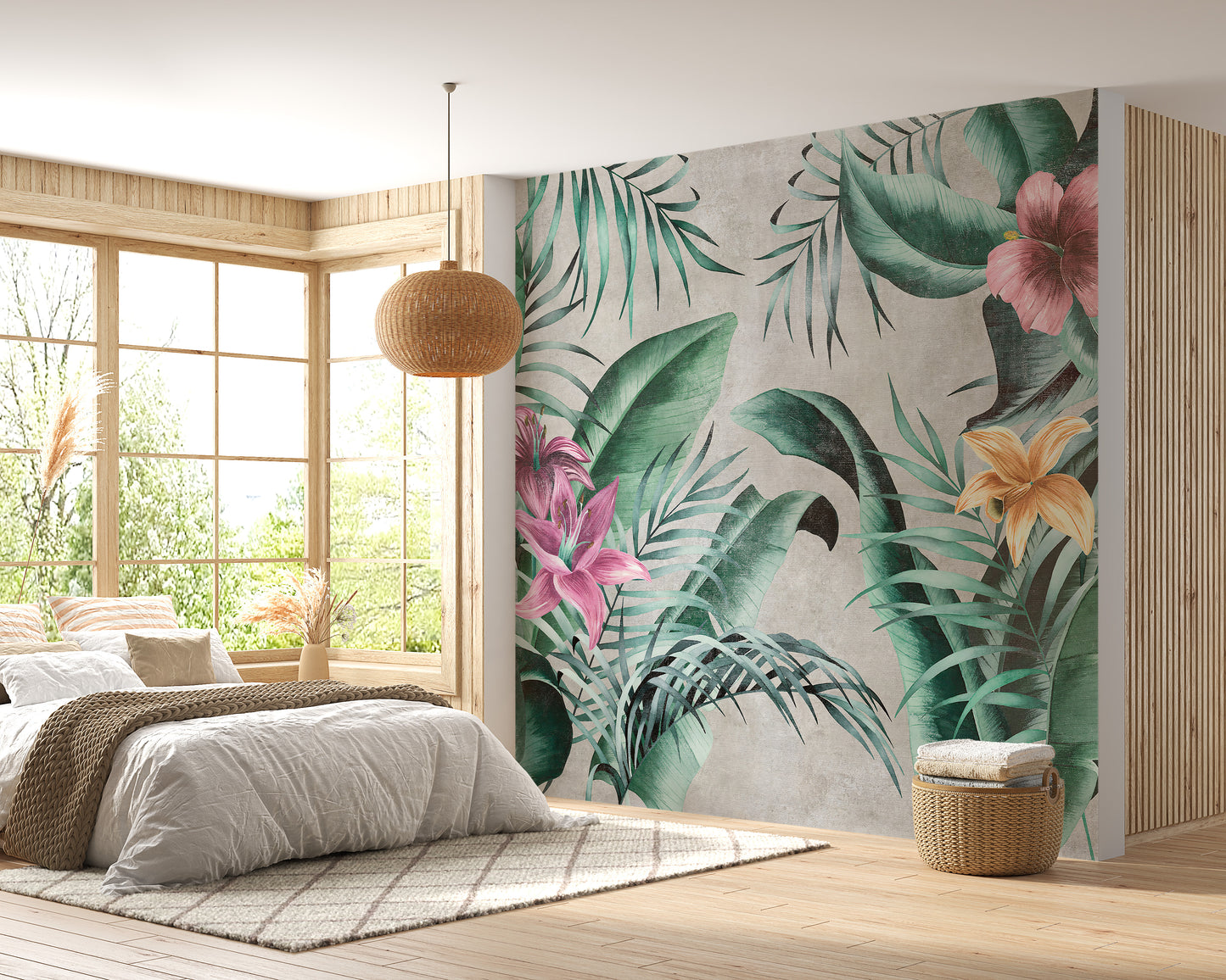 Rustic Floral Large Green Leaves Wallpaper Mural