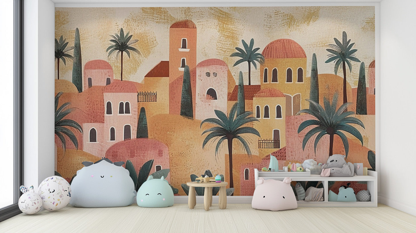 Warm terracotta mural elevates kids’ room decor beautifully