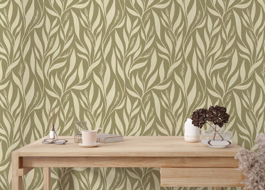 Subtle sage green wallpaper with leaf patterns
