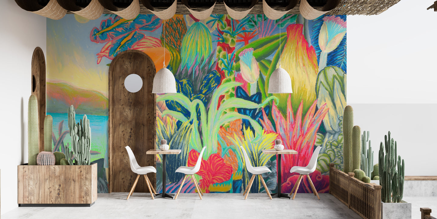 Whimsical art wallpaper featuring exotic tropical plants
