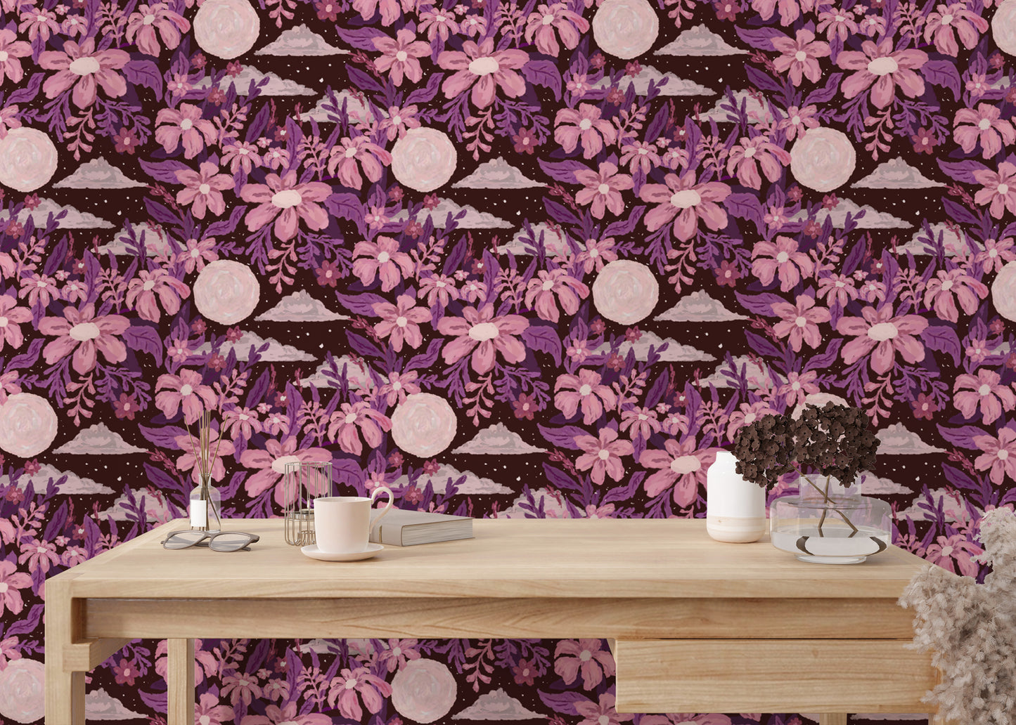 Lunar charm with purple floral wallpaper