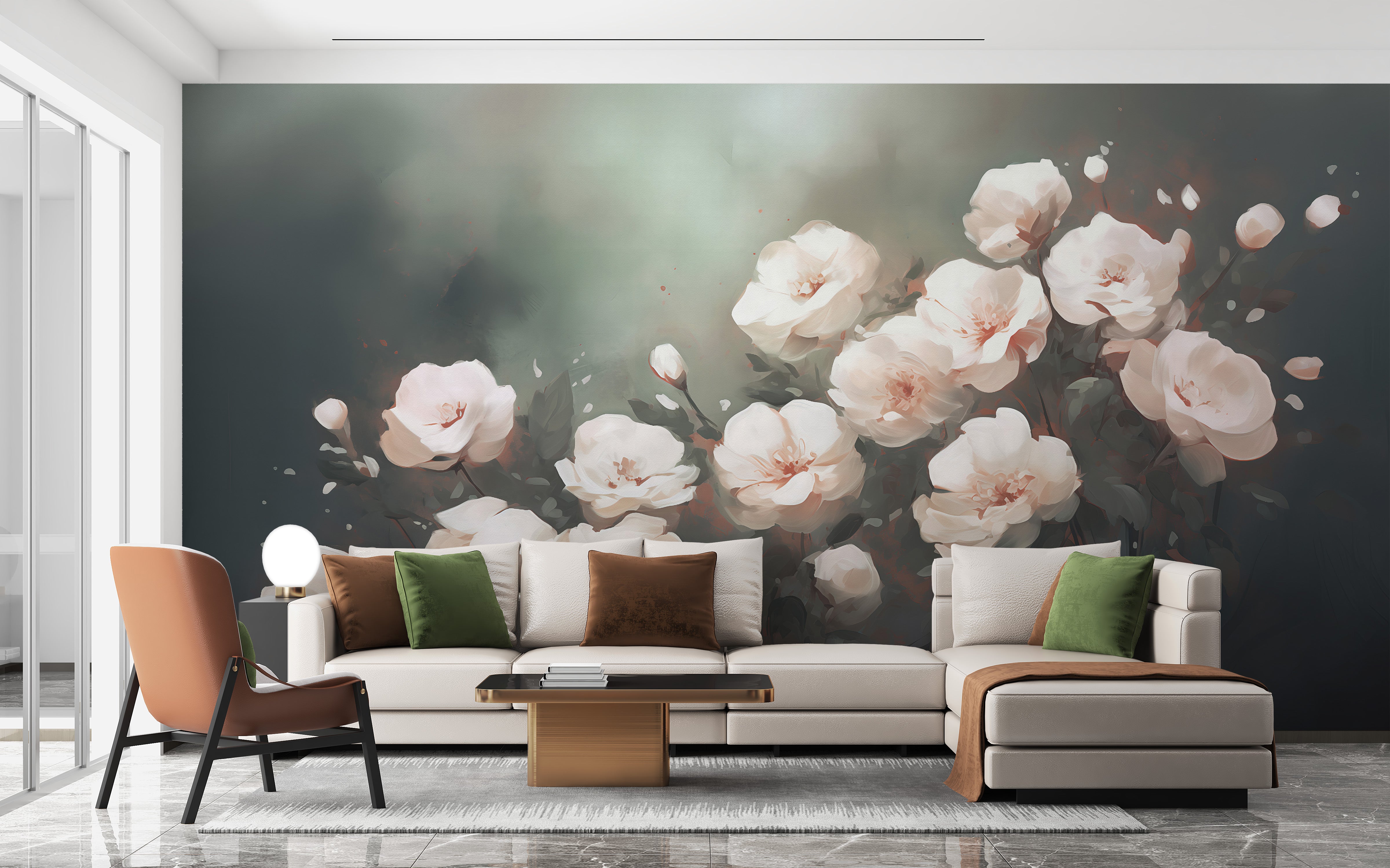 Floating white roses wallpaper murals for a chic and calming room design.