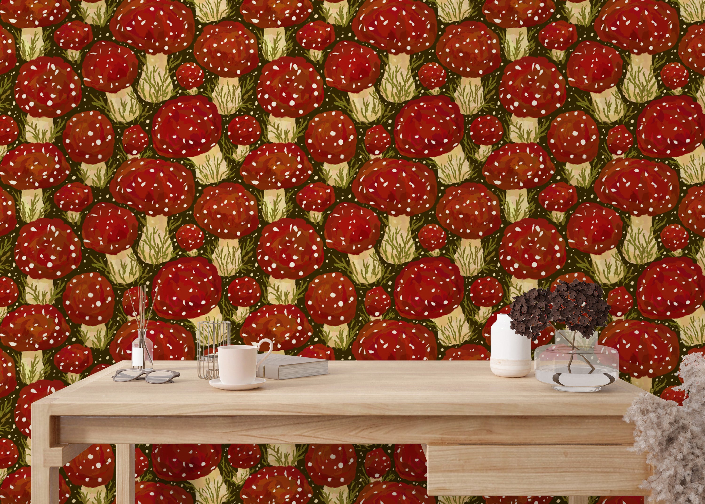 Sophisticated red mushroom meadow wallpaper for modern rustic spaces.
