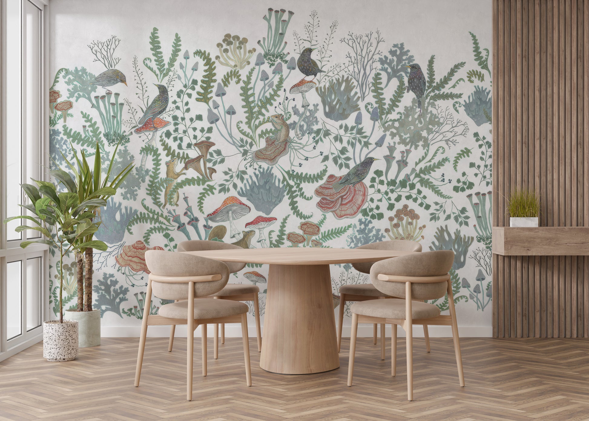 Nature-inspired botanical nest fresco wallpaper design