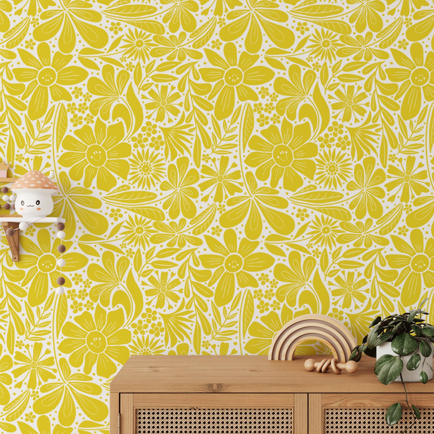 Bright yellow wallpaper featuring charming happy bloom patterns.
