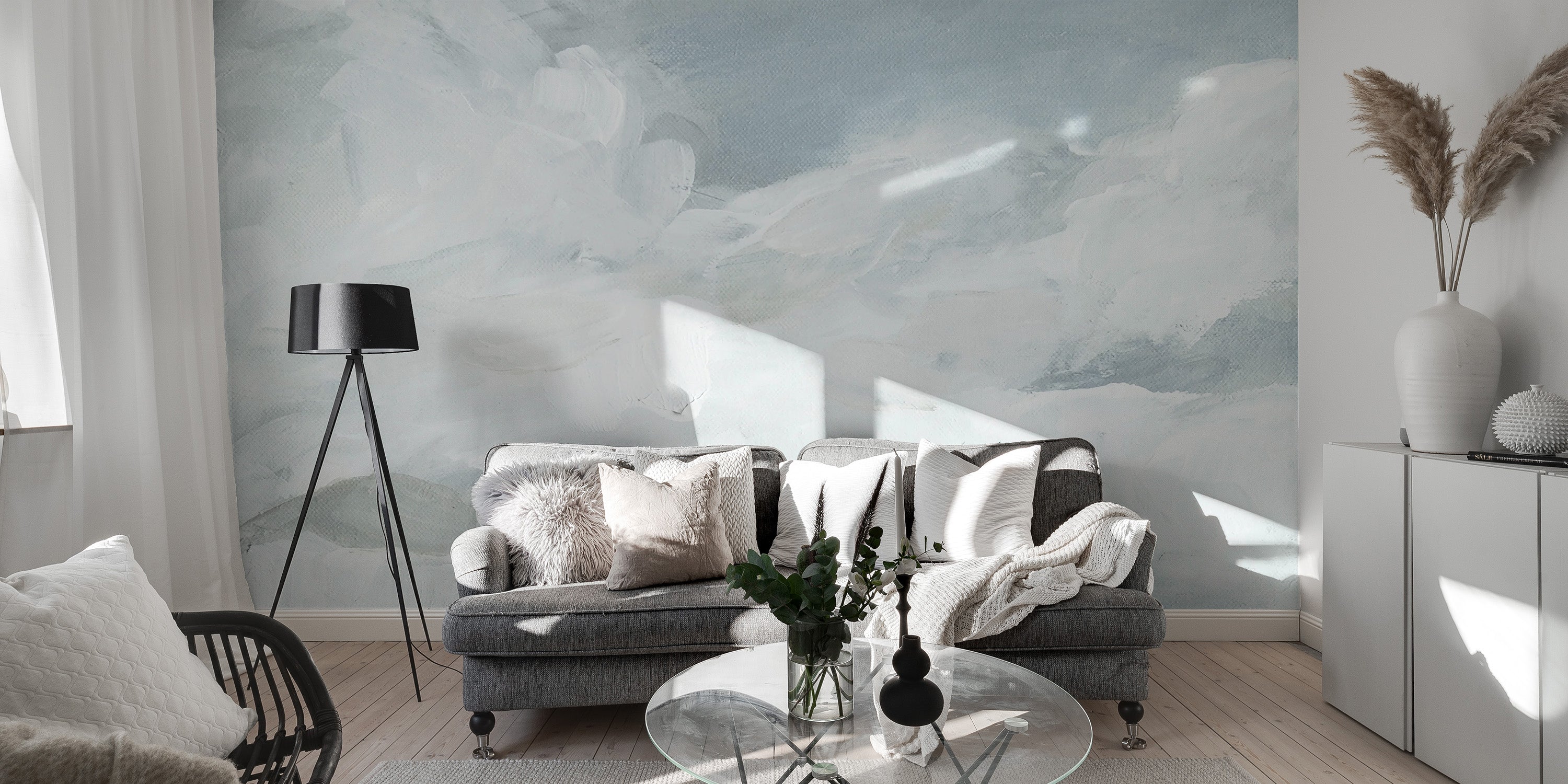 Watercolor clouds mural adds elegance to living room walls