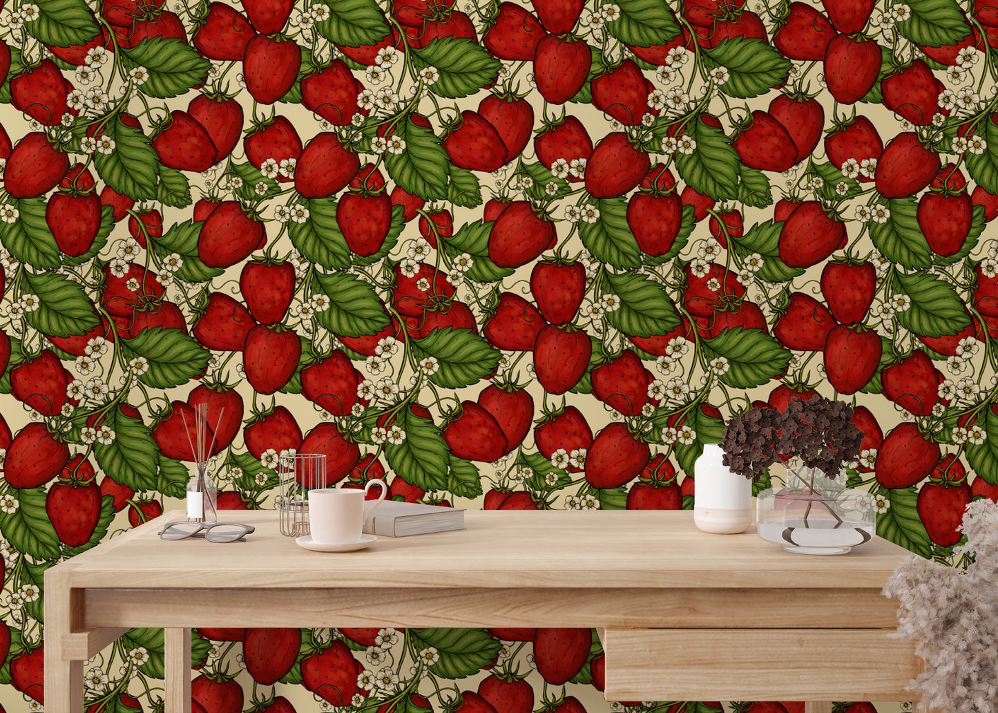 Charming red strawberry forest wallpaper for cozy and inviting spaces.
