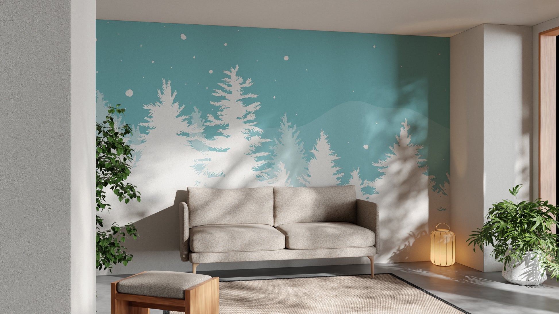 Festive wallpaper with frosted pine trees for a cozy ambiance.
