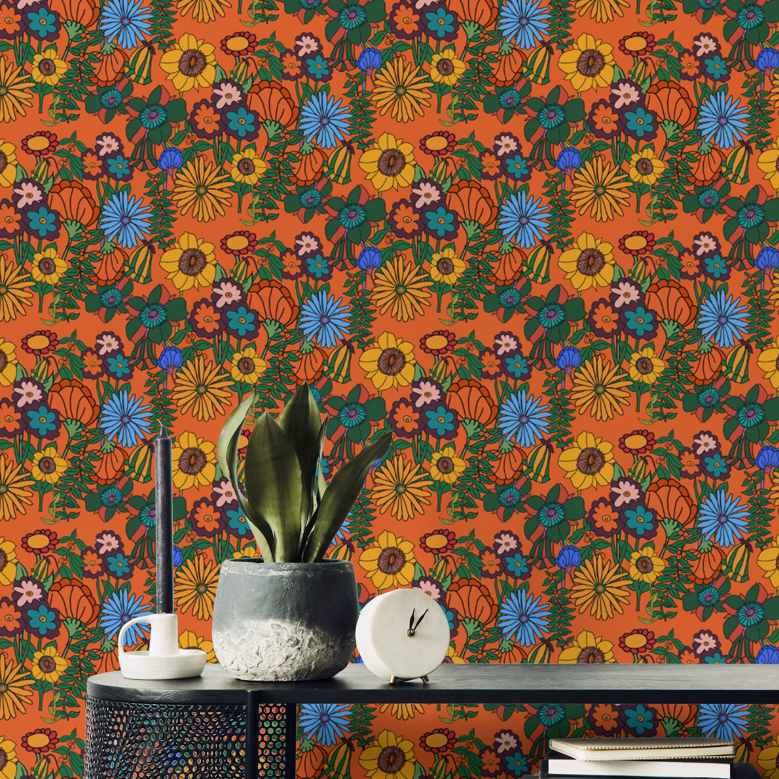 Bold Retro 60s Floral Orange Wallpaper design