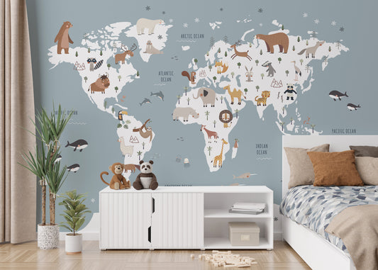 Blue world map kids wallpaper with cute animals
