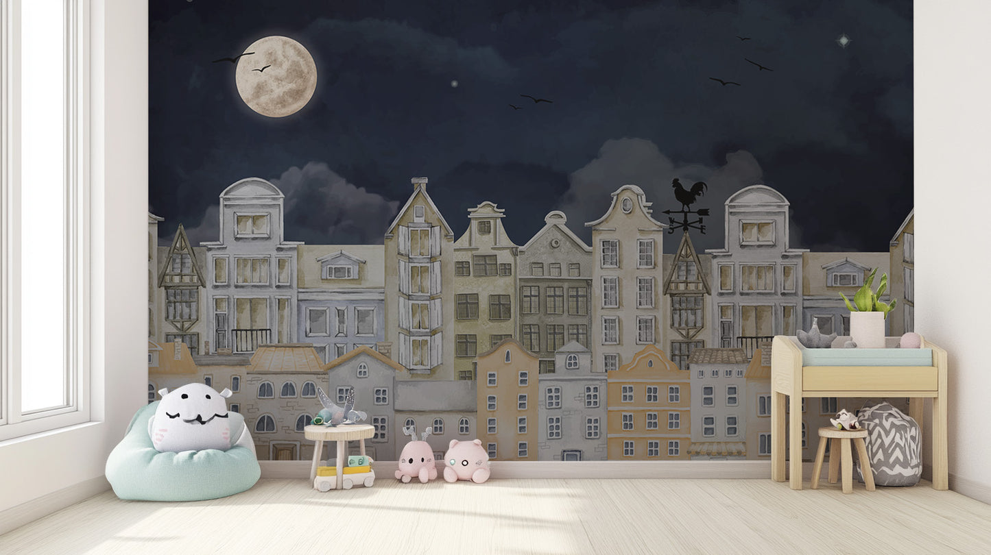 Watercolor Night House Wallpaper for playful dreamscapes