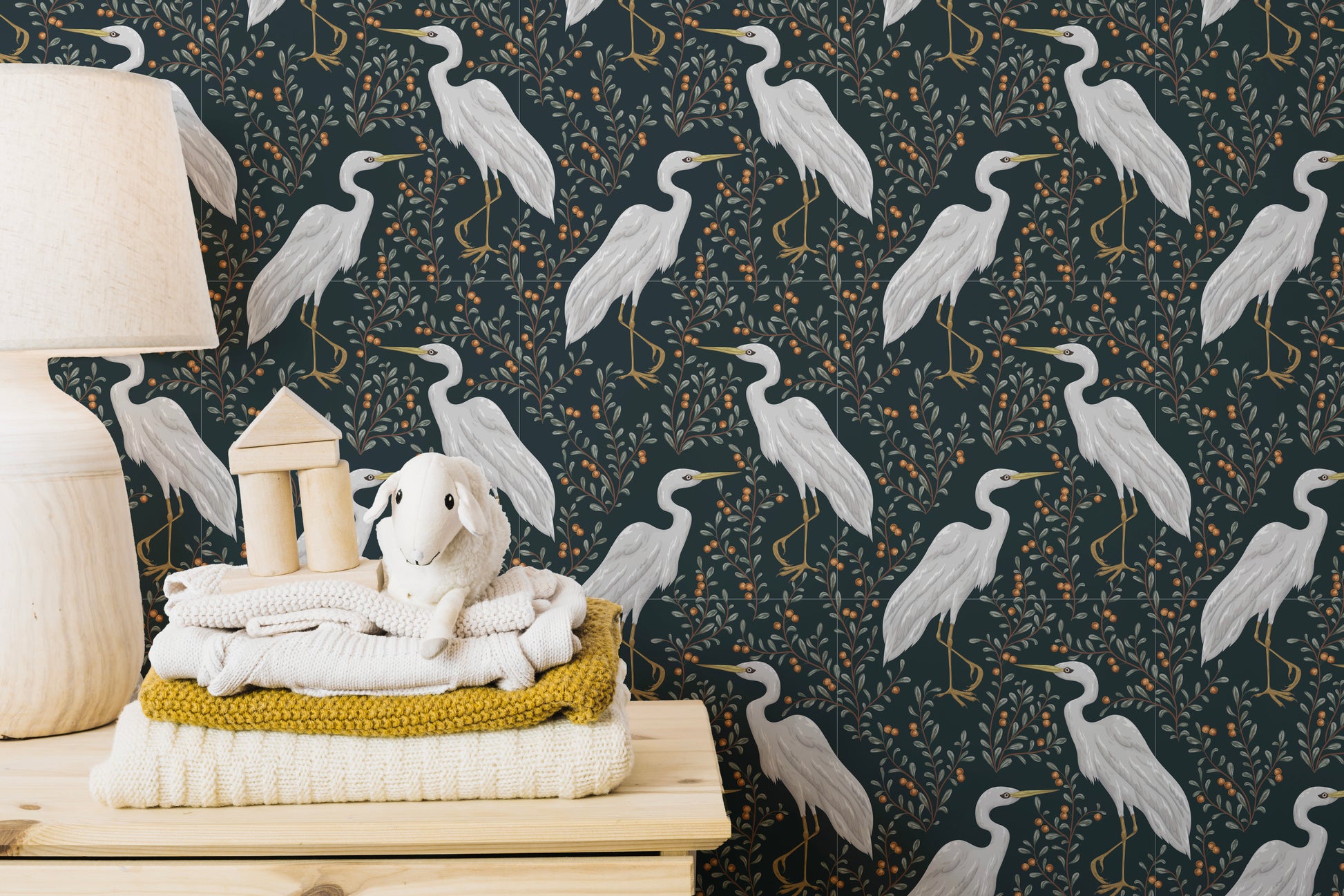 Peaceful heron wallpaper mural for spaces