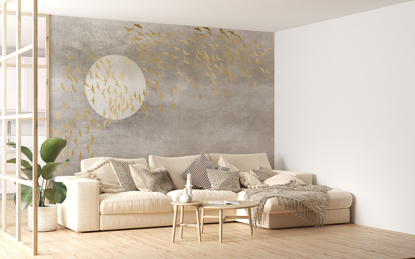 Golden Birds Flying in Sky Wallpaper Murals