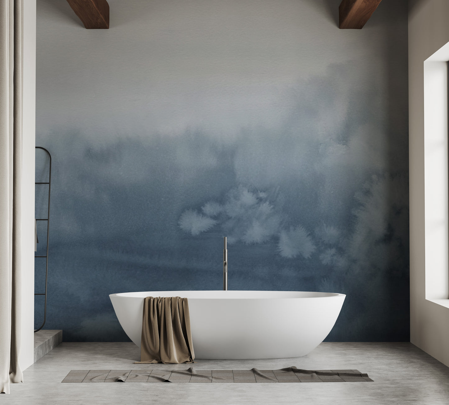 Blue Tone Ombre mural creates a refreshing spa-like bathroom.