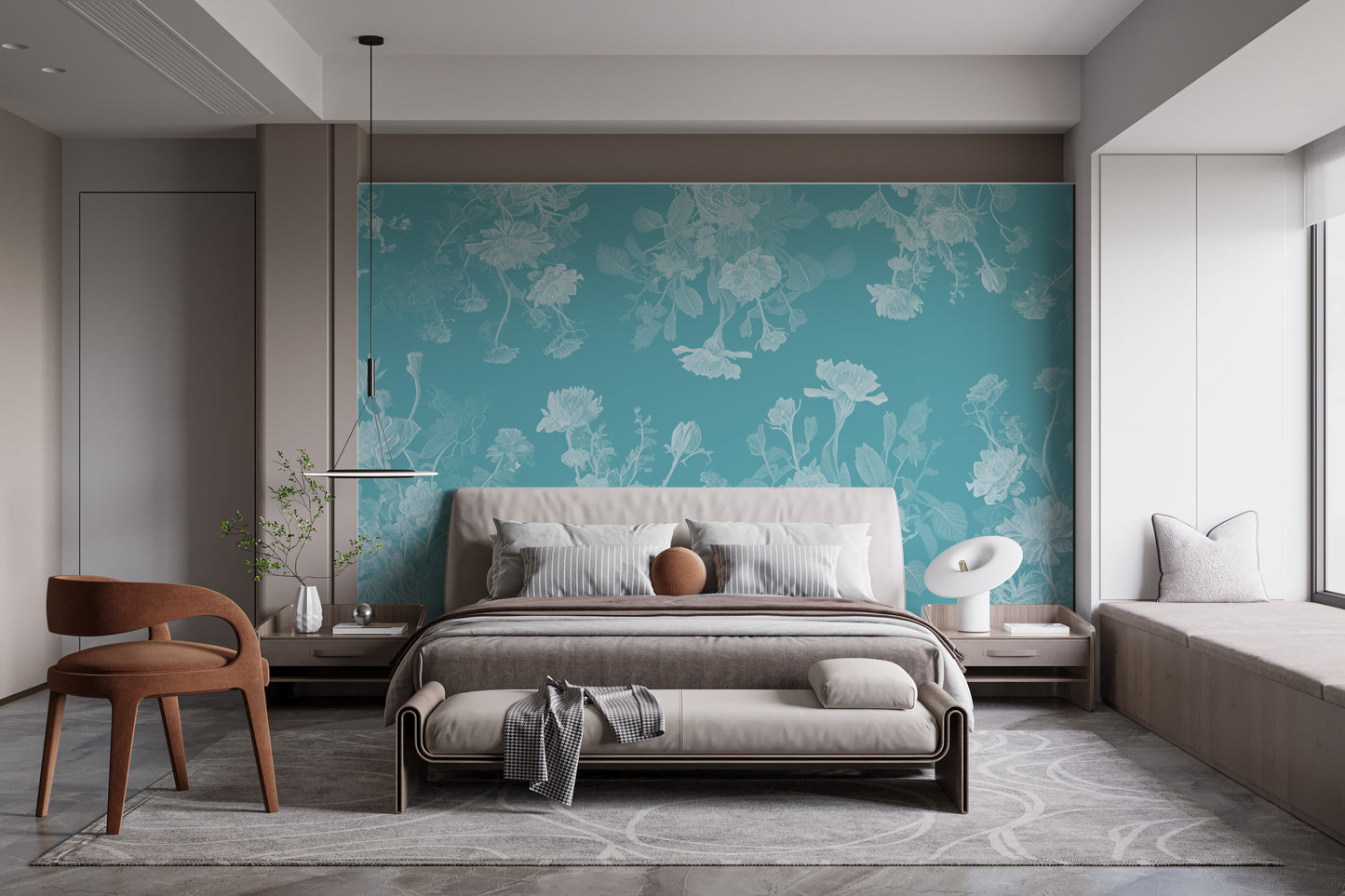 Elegant blue flower mural wallpaper for a calming bedroom ambiance.