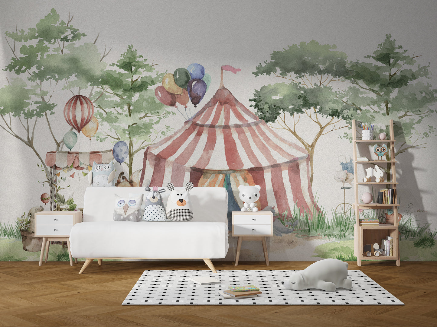 Whimsical circus mural for kids' rooms