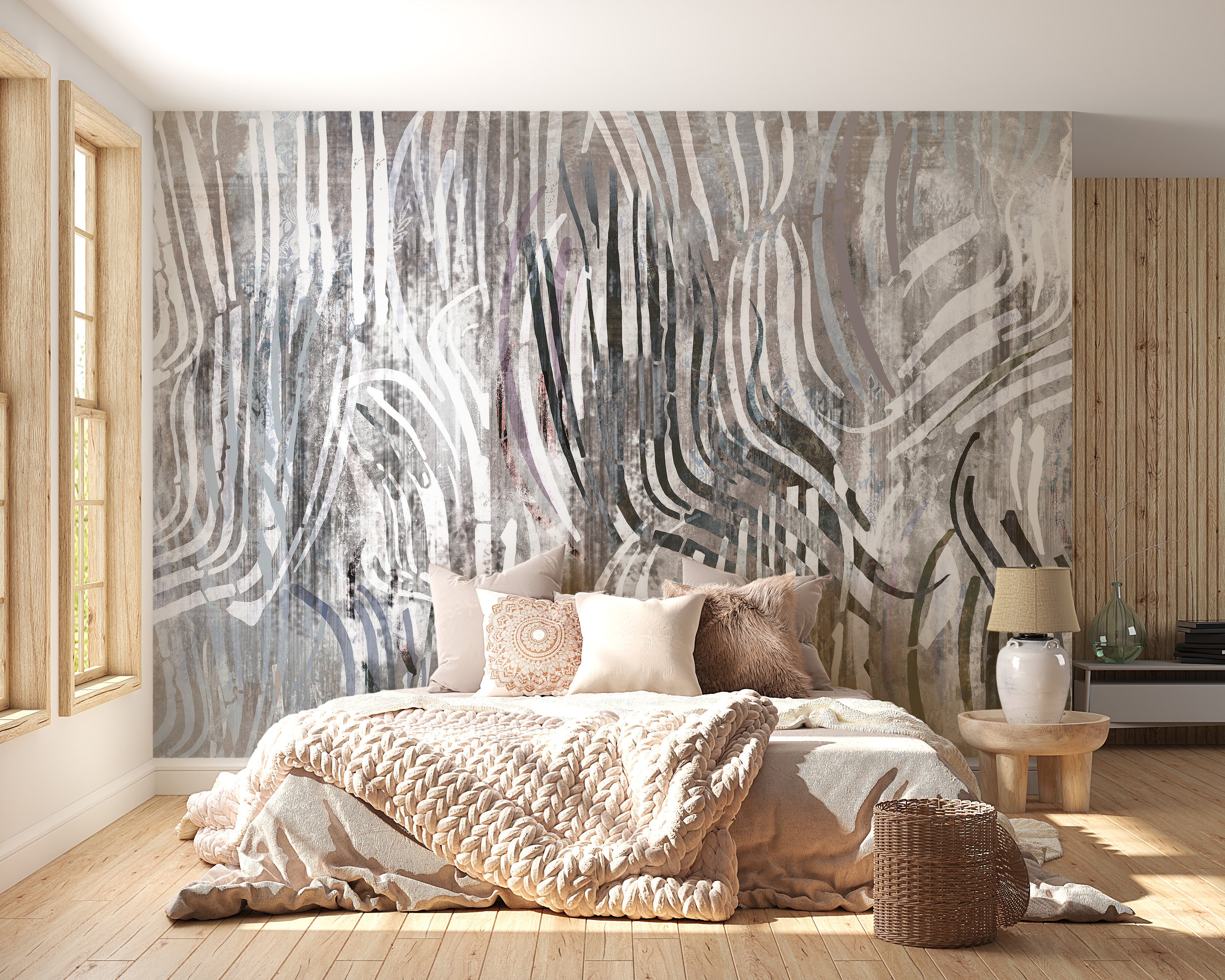 Modern abstract mural creates a chic bedroom retreat