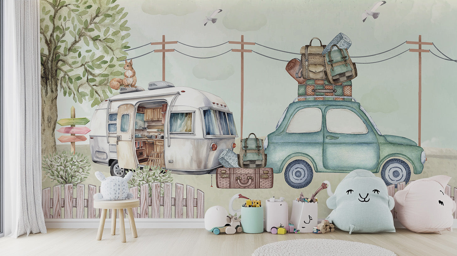 Dreamy nursery wallpaper: pastoral caravanning fun