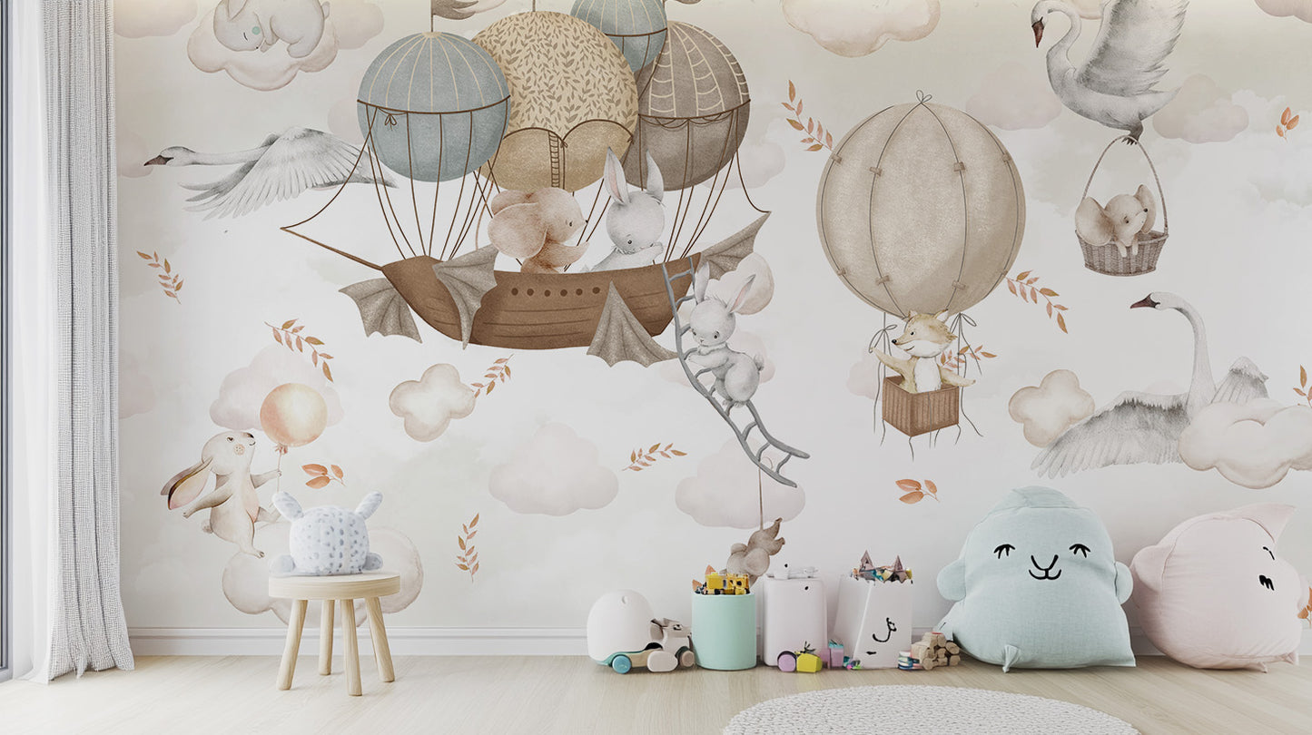 Nursery wallpaper: Cloud-Hopping Critters mural art