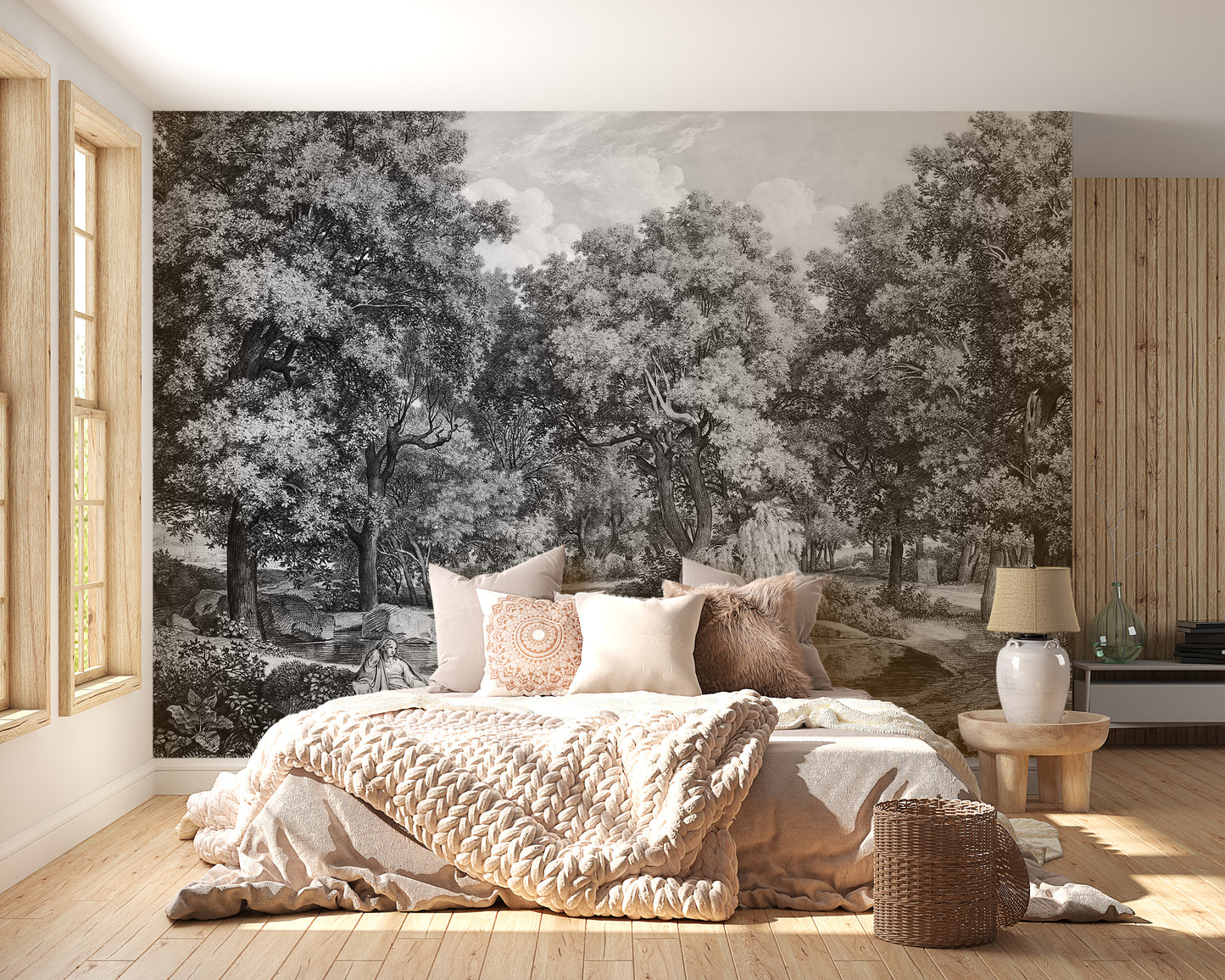 Black and White Lakeside Talk Wallpaper Mural