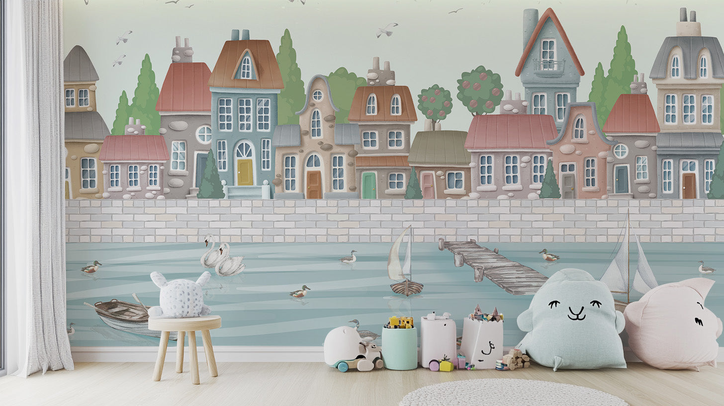 Serene cityscapes for kids' rooms with this wallpaper