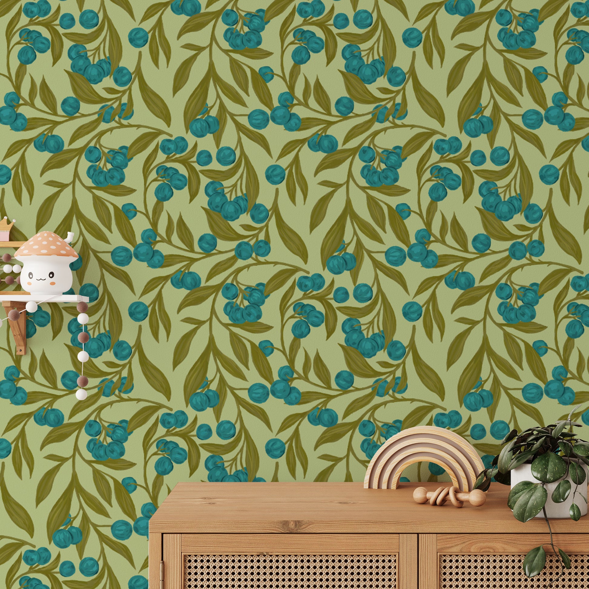 Rustic autumn berries wallpaper in blue for a warm atmosphere.
