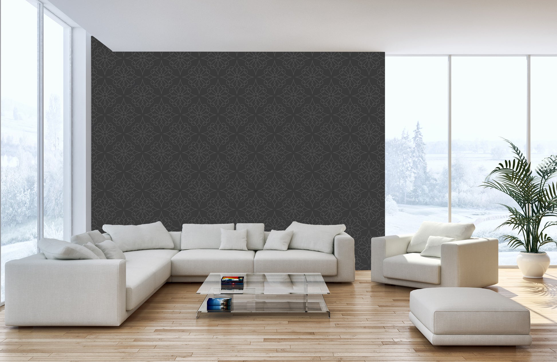 Fall-themed damask leaves mural wallpaper style
