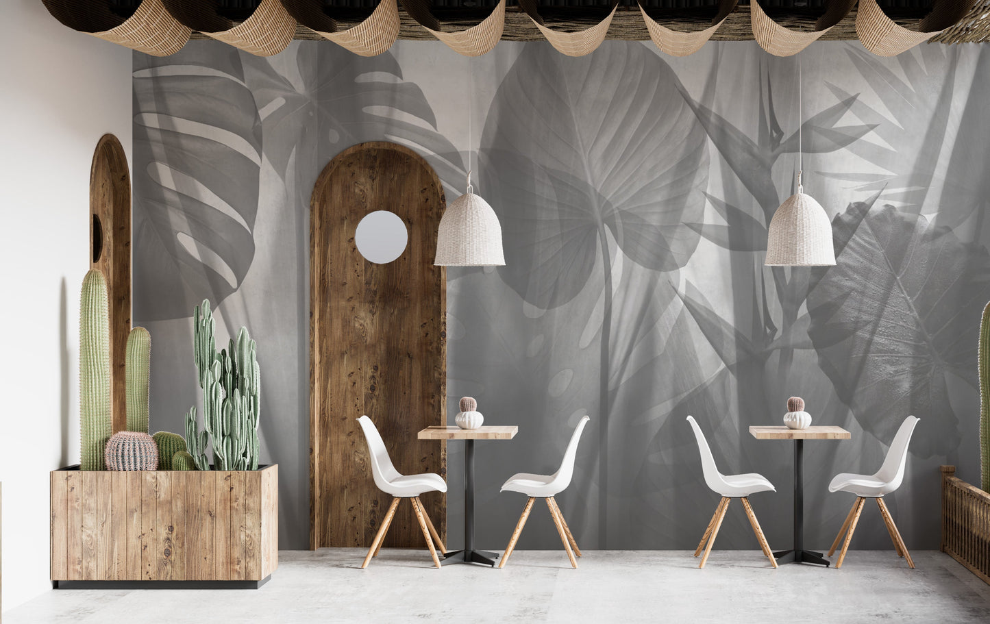 Monochrome tropical leaves wallpaper for modern interiors
